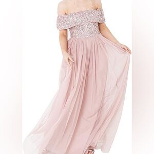 Maya Deluxe Sequin Tulle Dress Sequin Petite Dress Mint Green Off-Shoulder Dress